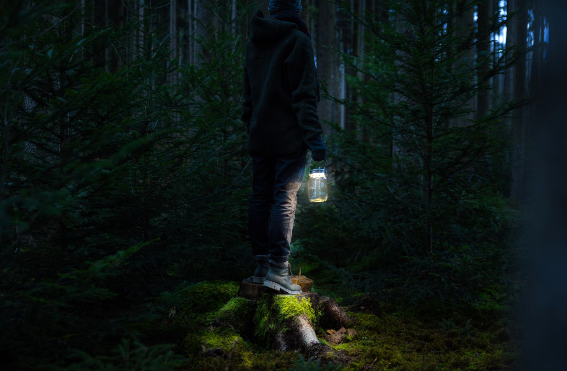 Juli auf Baumstumpf in dunklem Wald, ein Glas mit Licht haltend